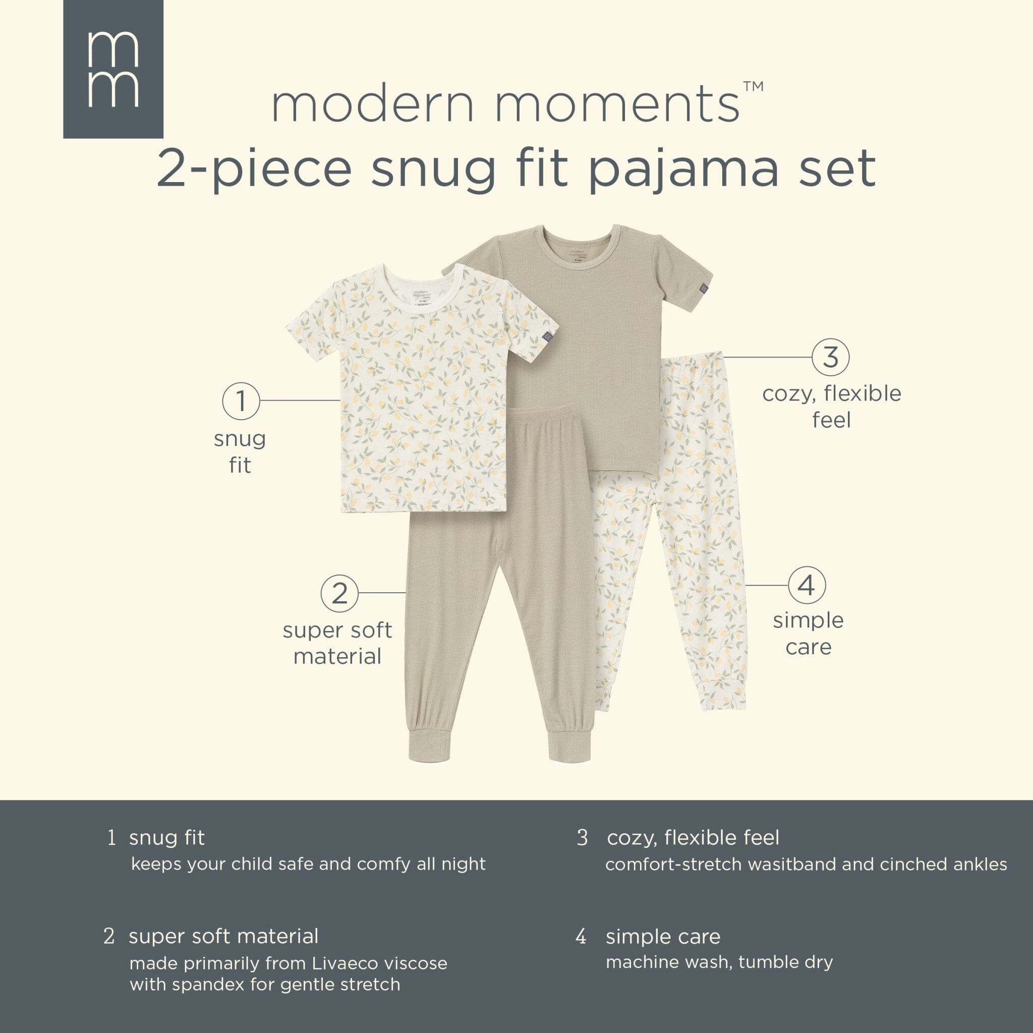 4-Piece Infant & Toddler Girls Ivory Lemon Vine Tight Fitting Pajamas Set sleepwear Modern Moments™ by Gerber® 