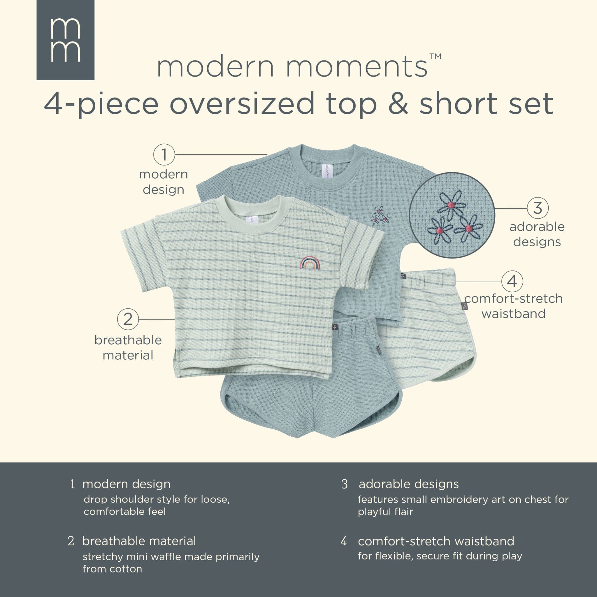 4-Piece Infant & Toddler Girls Light Sky Stripe Drop Shoulder Top and Shorts Set outfits Modern Moments™ by Gerber® 