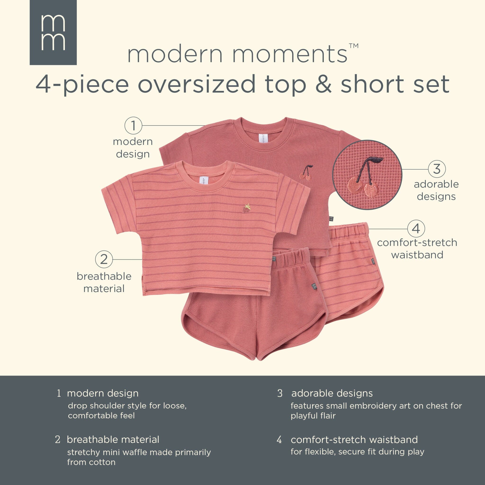 4-Piece Infant & Toddler Girls Medium Rose Stripe Drop Shoulder Top and Shorts Set outfits Modern Moments™ by Gerber® 