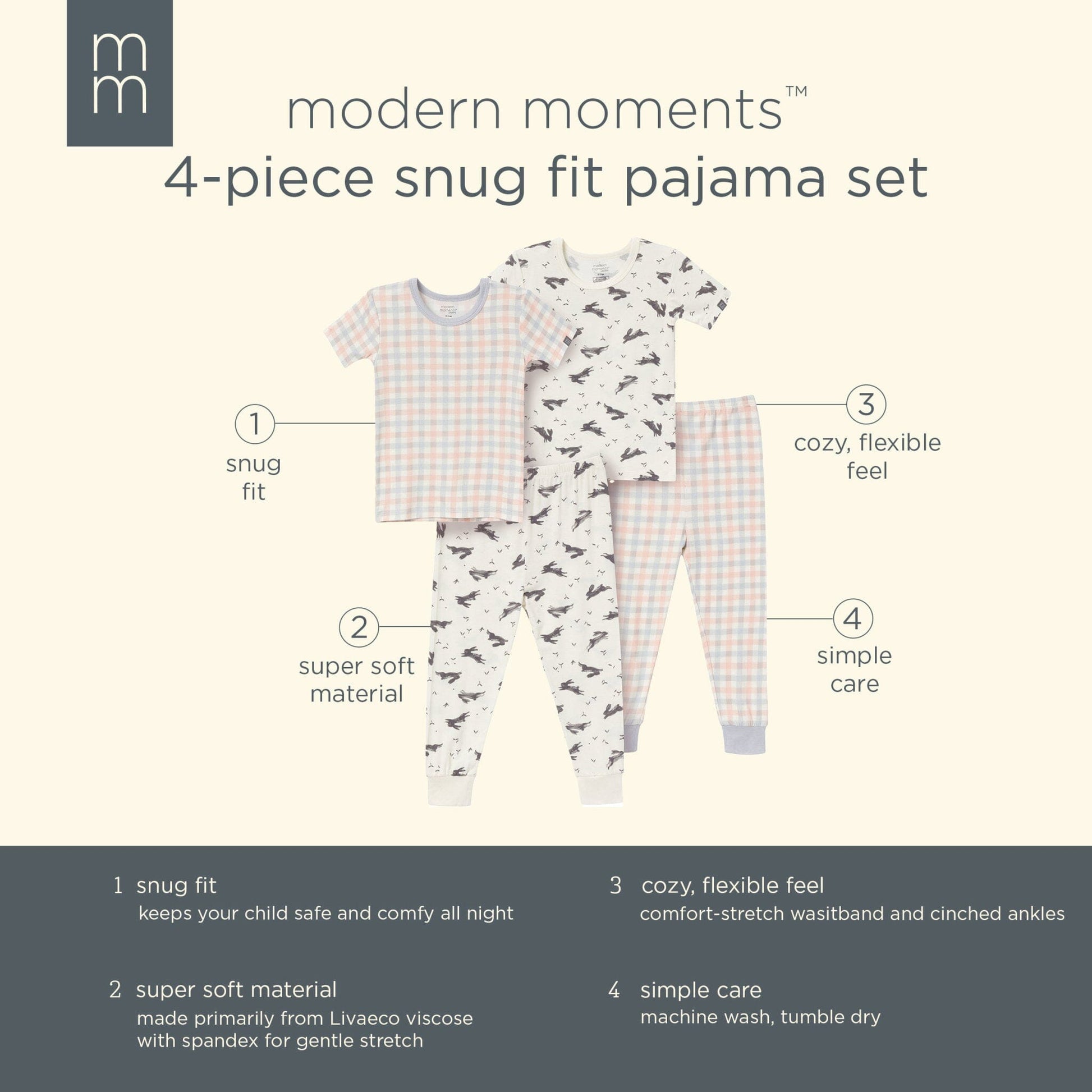 4-Piece Infant & Toddler Neutral Blue Plaid Snug Fitting Pajamas sleepwear Modern Moments™ by Gerber® 