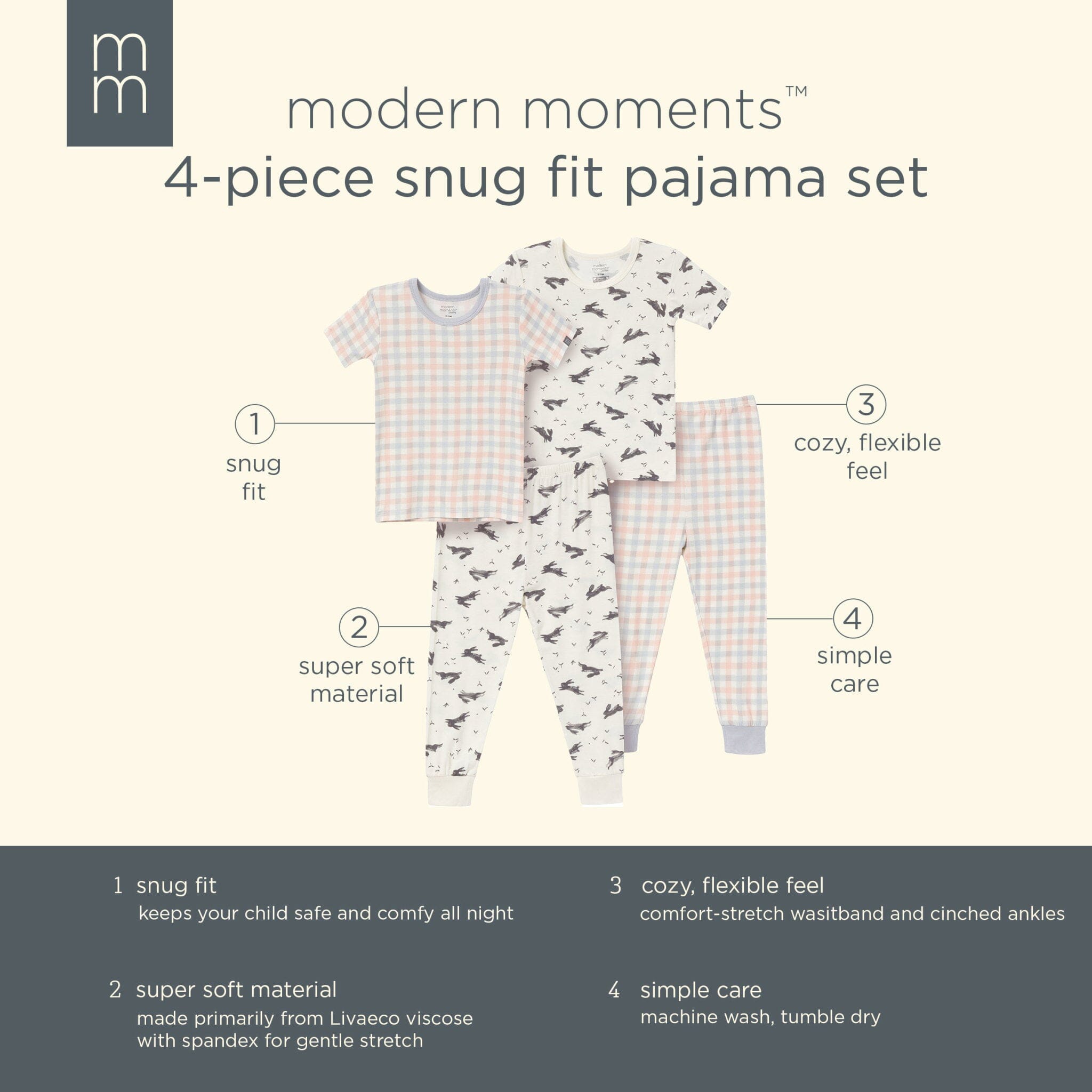 4-Piece Infant & Toddler Neutral Blue Plaid Snug Fitting Pajamas sleepwear Modern Moments™ by Gerber® 