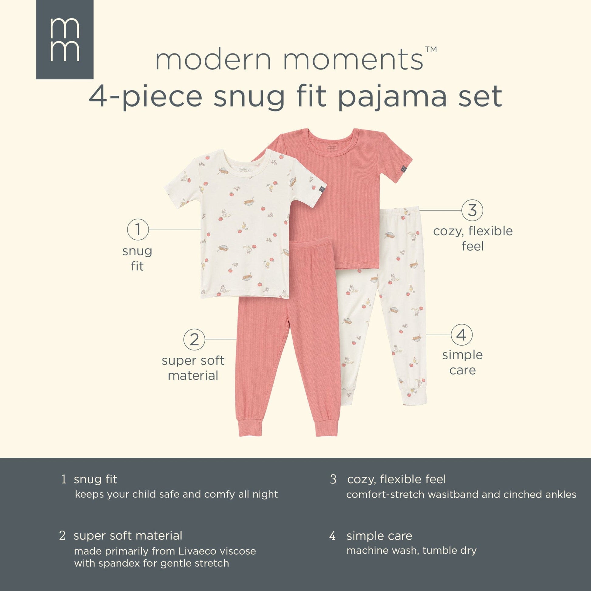 4-Piece Infant & Toddler Neutral Pasta Dinner Snug Fitting Pajamas sleepwear Modern Moments™ by Gerber® 