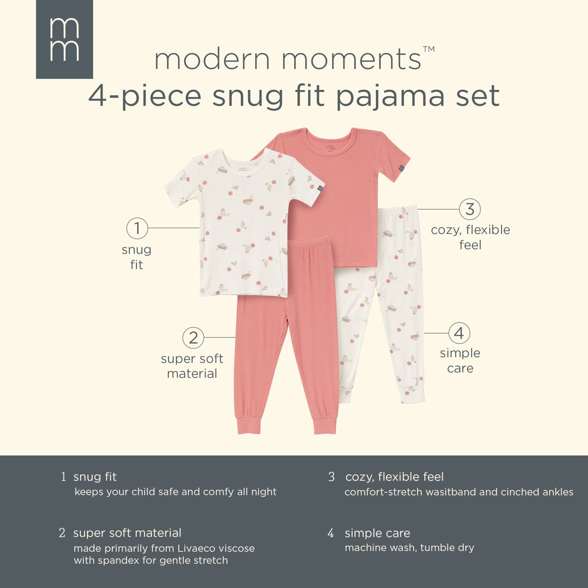 4-Piece Infant & Toddler Neutral Pasta Dinner Snug Fitting Pajamas sleepwear Modern Moments™ by Gerber® 