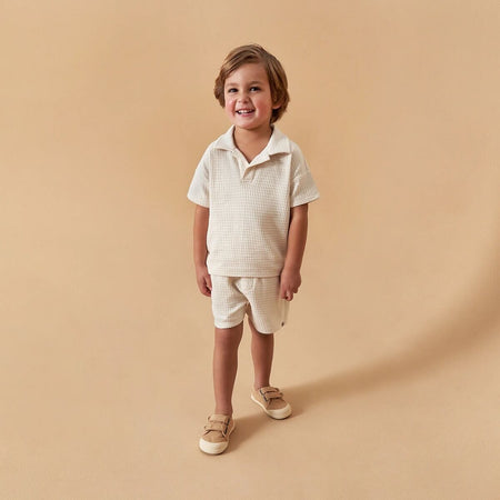 2-Piece Toddler Boys Beige Johnny Collar Shirt and Shorts Set