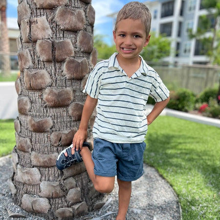 2-Piece Toddler Boys Ivory Stripe Johnny Collar Shirt and Shorts Set