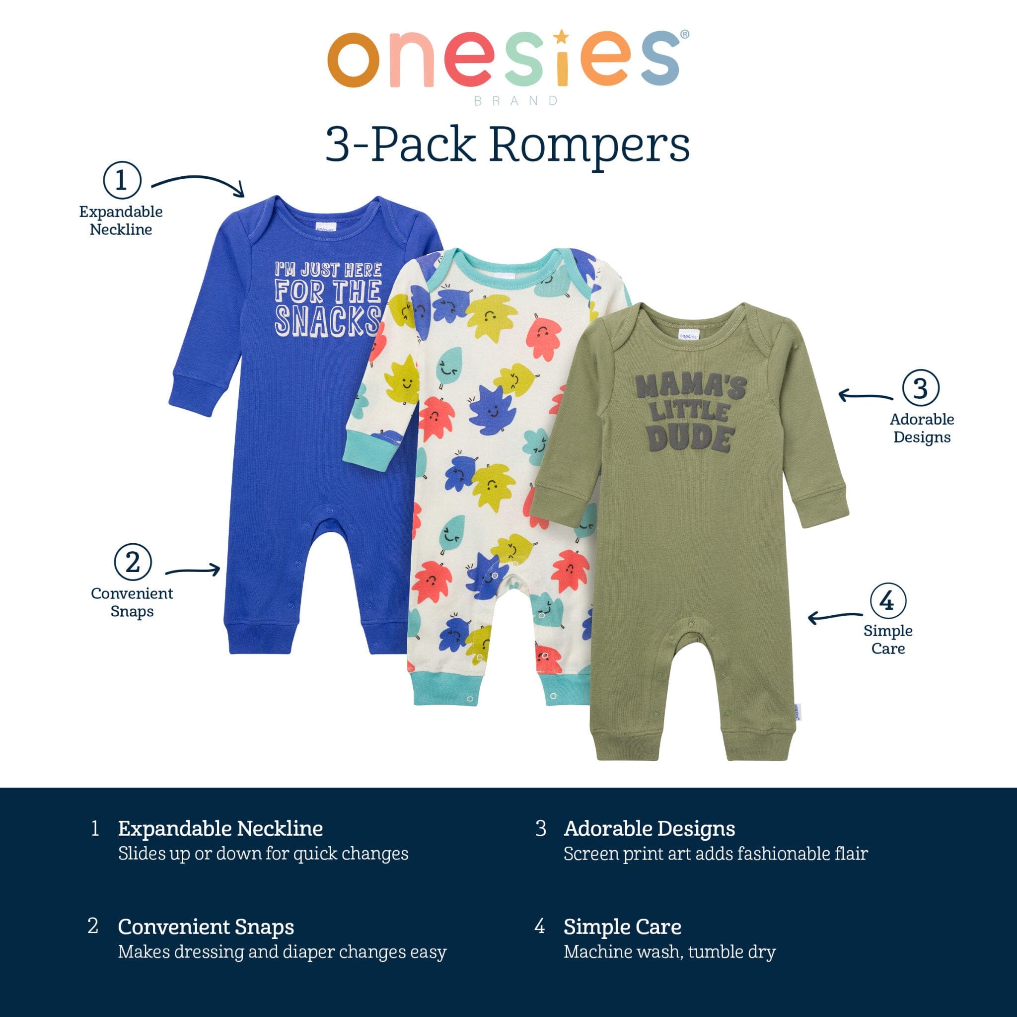 3-Pack Baby Boys Little Dude Lap Shoulder Rompers rompers Onesies® Brand 