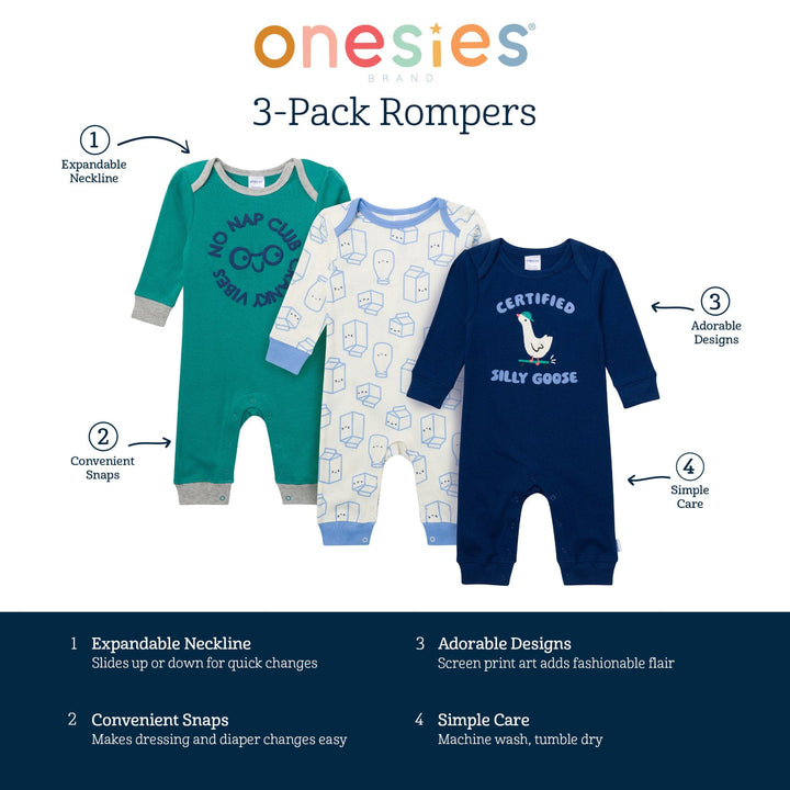 3-Pack Baby Boys Silly Goose Lap Shoulder Rompers rompers Onesies® Brand 