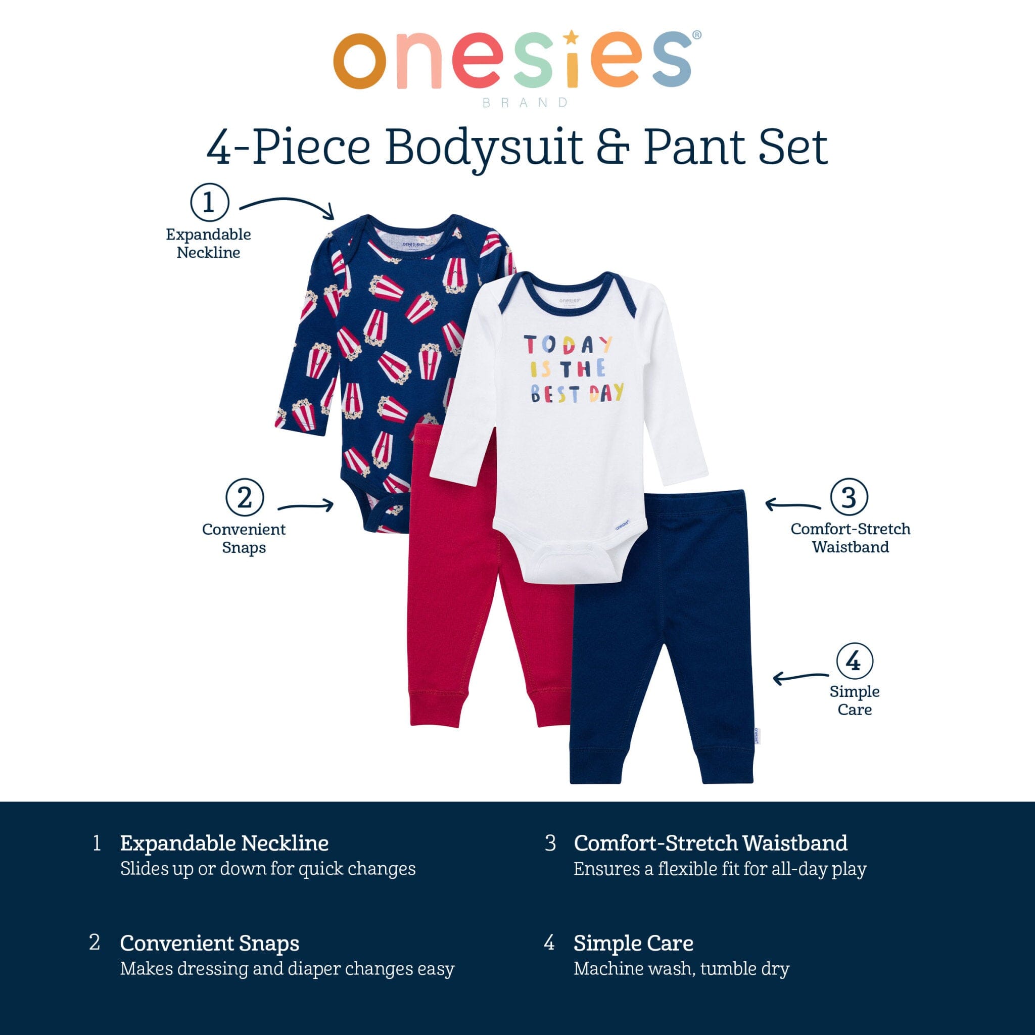 4-Piece Baby Boys Best Popcorn Day Onesies® Bodysuits and Pants outfits Onesies® Brand 