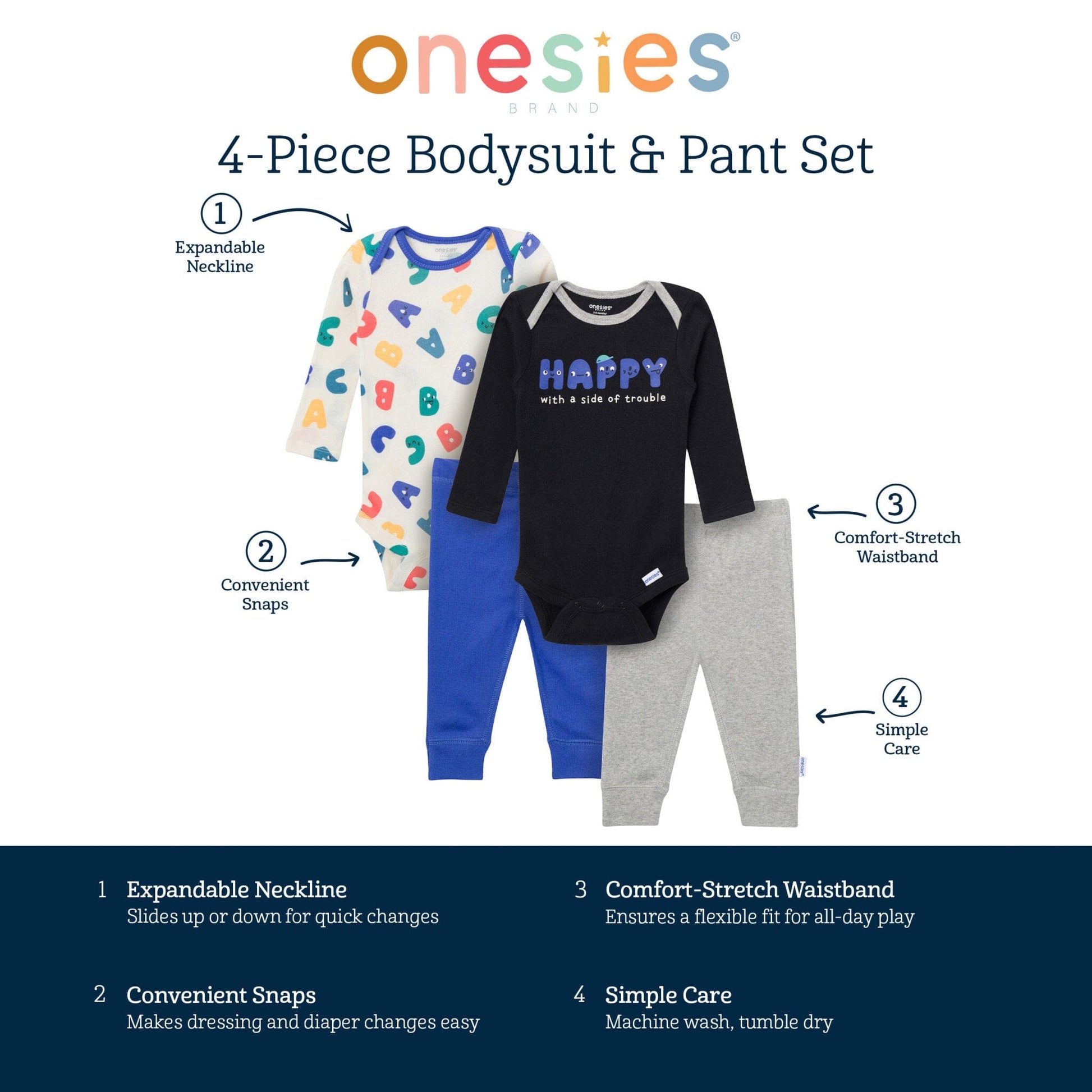 4-Piece Baby Boys Happy Letters Onesies® Bodysuits and Pants outfits Onesies® Brand 