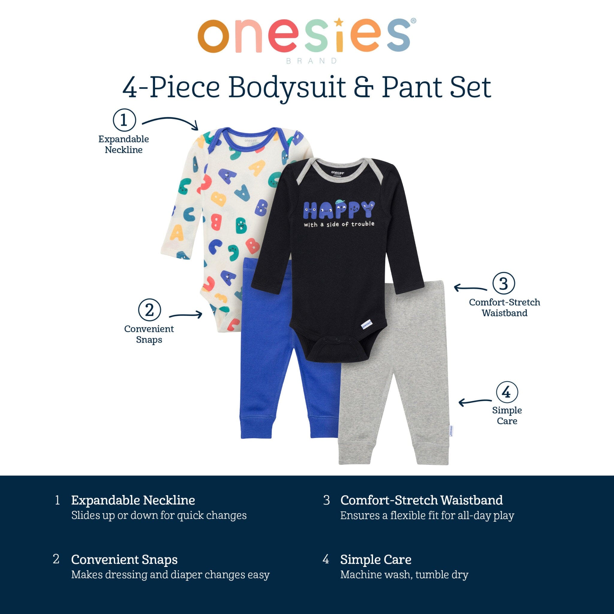 4-Piece Baby Boys Happy Letters Onesies® Bodysuits and Pants outfits Onesies® Brand 