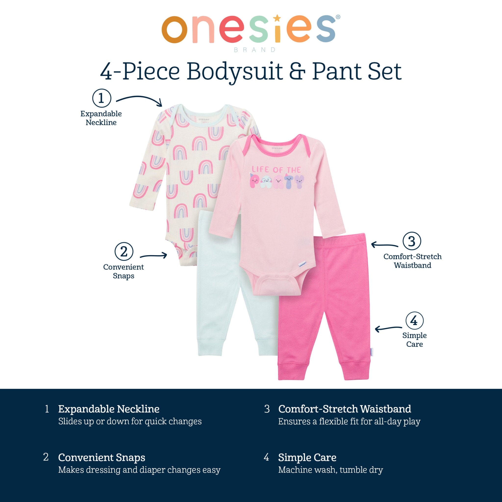 4-Piece Baby Girls Party Rainbow Onesies® Bodysuits and Pants outfits Onesies® Brand 