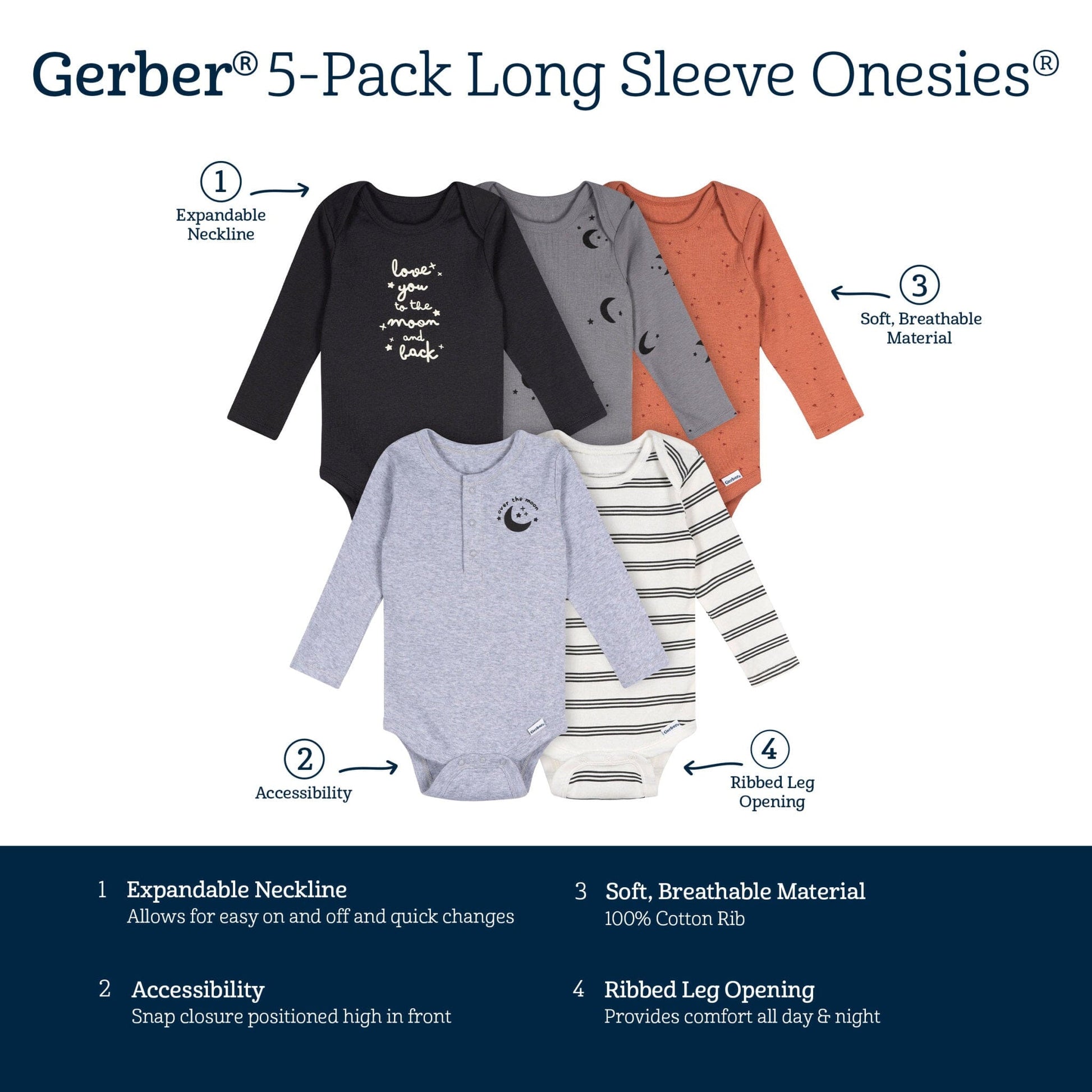 5-Pack Baby Boys Grey Heather Long Sleeve Bodysuits Onesies Bodysuits Gerber® 