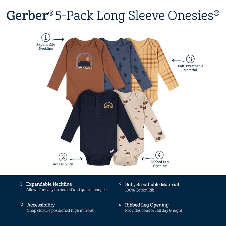 5-Pack Baby Boys Black Iris Long Sleeve Bodysuits Onesies Bodysuits Gerber® 