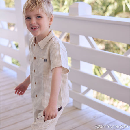 2-Piece Infant & Toddler Boys Beige Button Front Shirt and Shorts Set