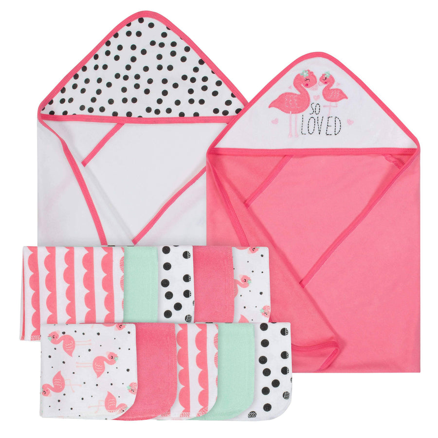 12-Piece Girls Terry Hooded Towel and Washcloth Set - Flamingo-Gerber Childrenswear