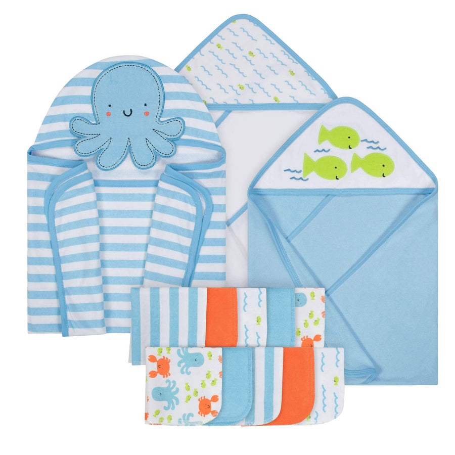 13-Piece Boys Terry Hooded Bath Wrap, Hooded Towels and Washcloth Set - Ocean-Gerber Childrenswear