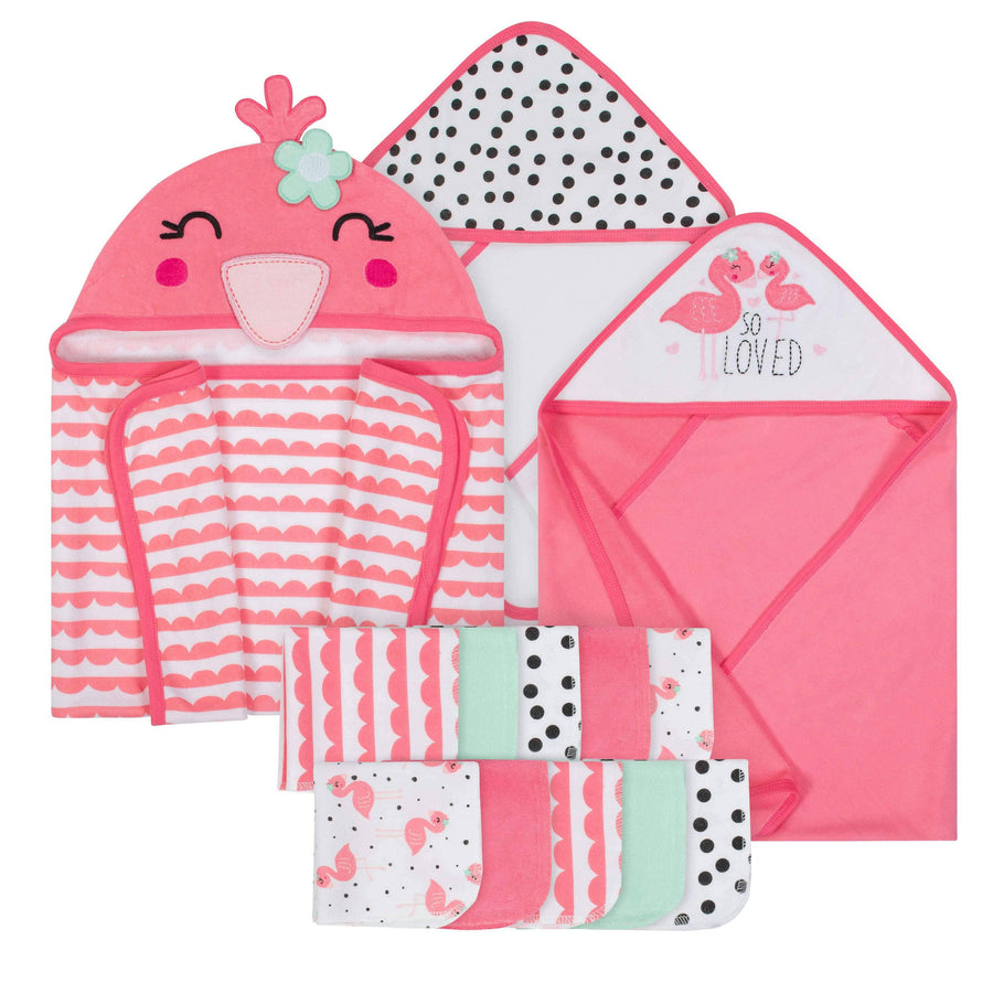 13-Piece Girls Terry Hooded Bath Wrap, Hooded Towels and Washcloth Set - Flamingo-Gerber Childrenswear