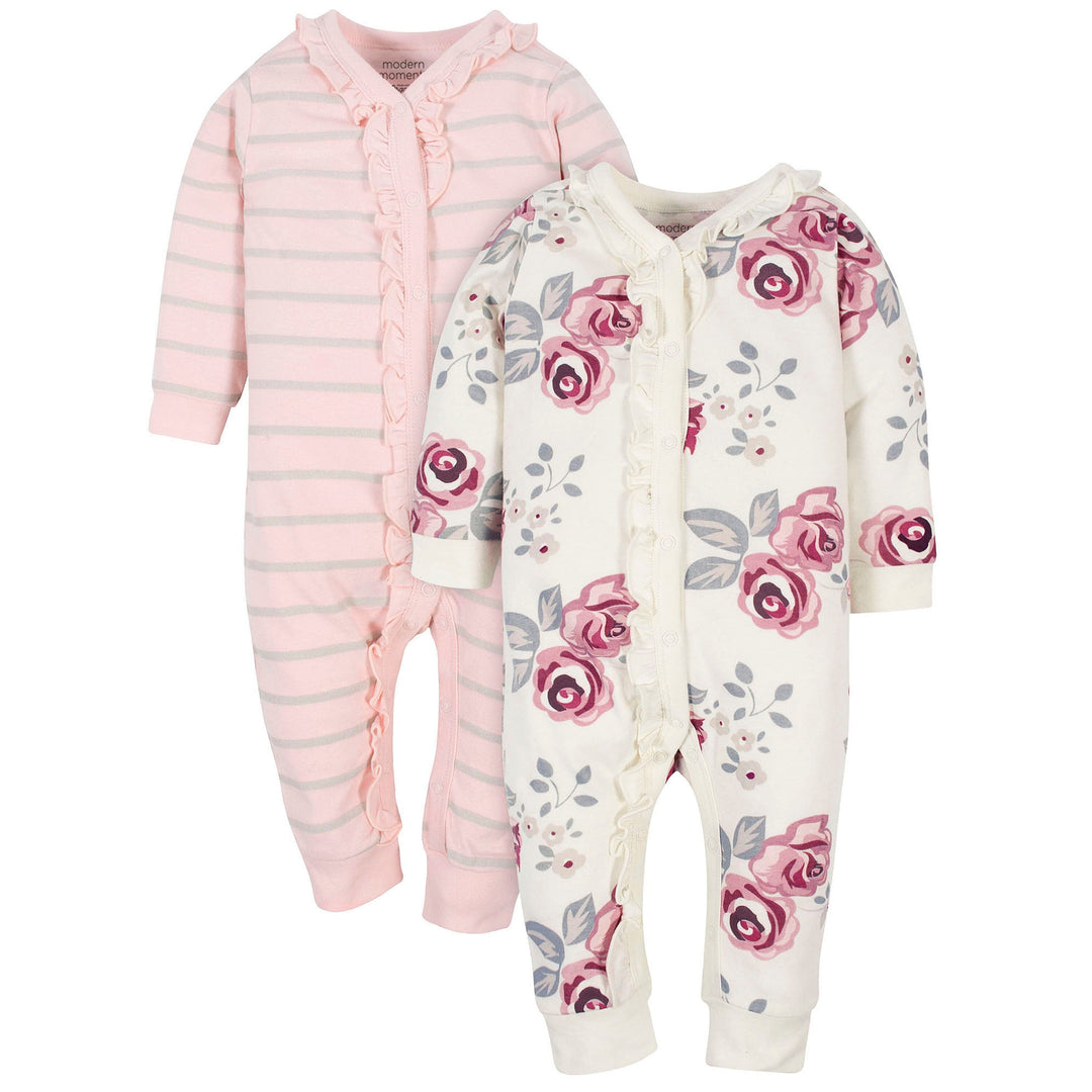 2-Pack Baby Girls Roses/Lines Coveralls