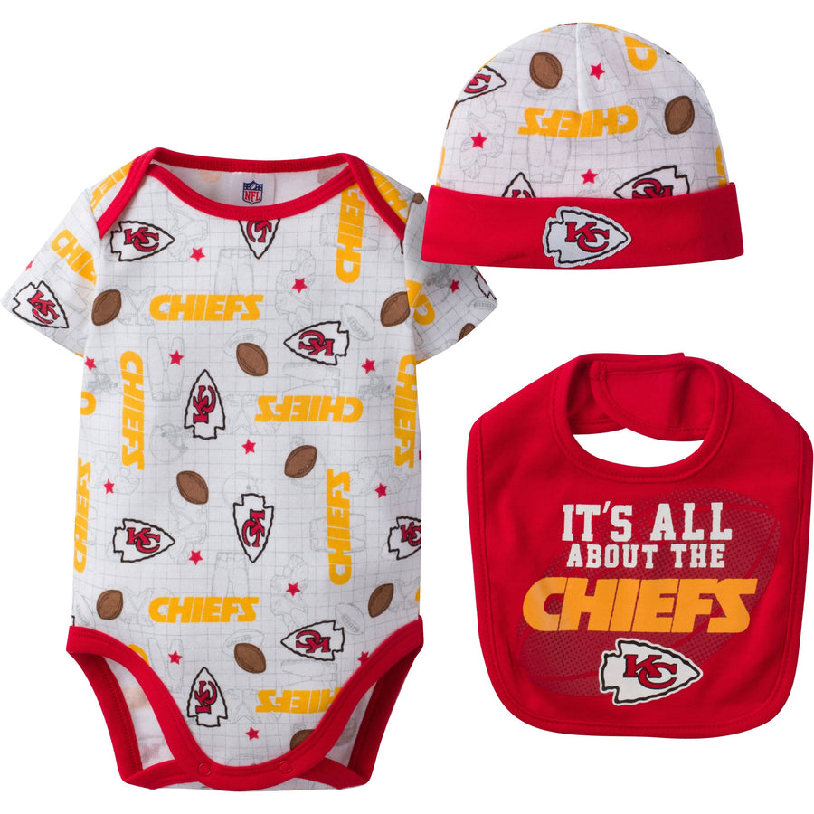 Kansas City Chiefs Baby Girl 3 Piece Bodysuit, Bib and Cap Set-Gerber Childrenswear