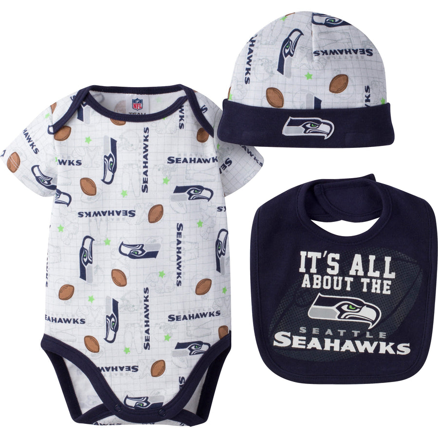 Seattle Seahawks Baby Girl 3 Piece Bodysuit, Bib and Cap Set-Gerber Childrenswear