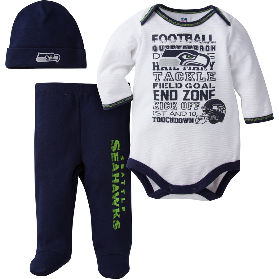 Seattle Seahawks Baby 3 Piece Bodysuit, Pant and Cap Set-Gerber Childrenswear