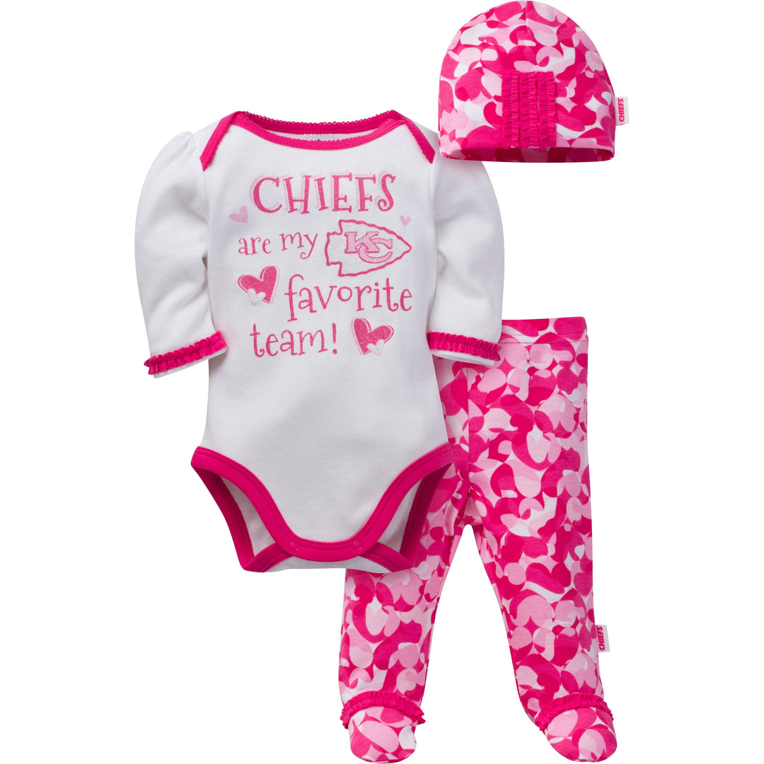 Kansas City Chiefs Baby Girls 3 Piece Bodysuit, Footed Pant and Cap Set-Gerber Childrenswear