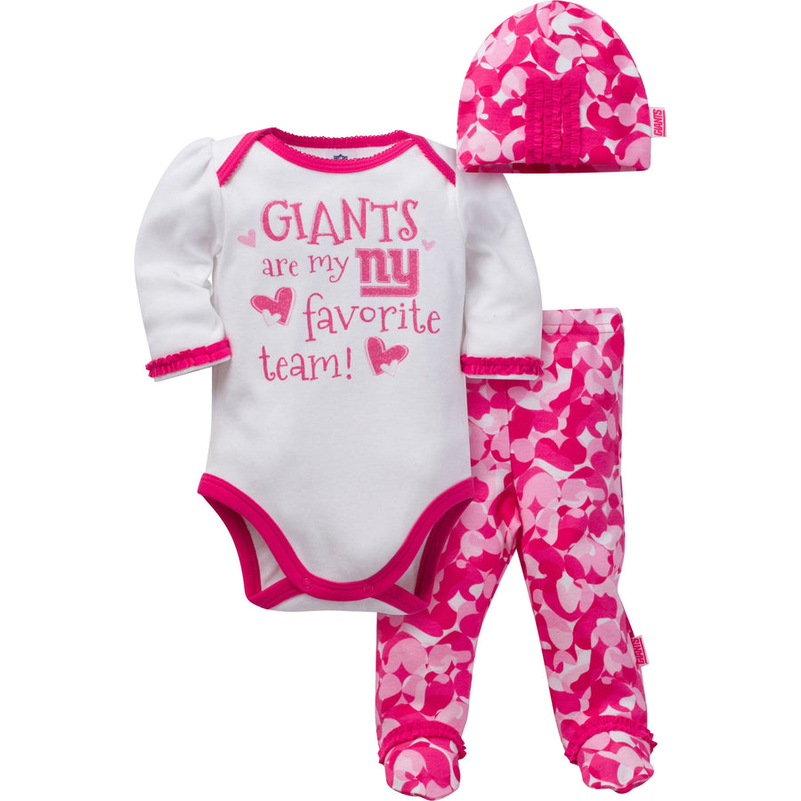 New York Giants Baby Girls 3 Piece Bodysuit, Footed Pant and Cap Set-Gerber Childrenswear