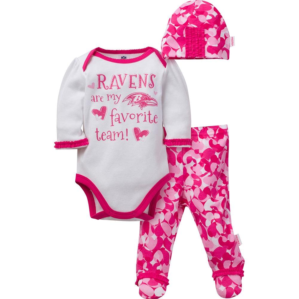 Baltimore Ravens Baby Girls 3-Piece Bodysuit, Footed Pant and Cap Set-Gerber Childrenswear