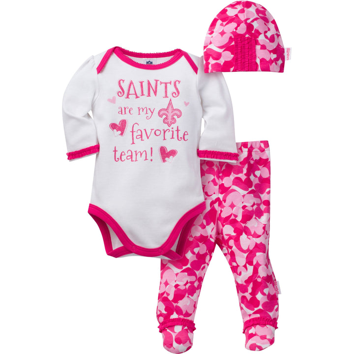 New Orleans Saints Baby Girls 3 Piece Bodysuit, Footed Pant and Cap Set-Gerber Childrenswear
