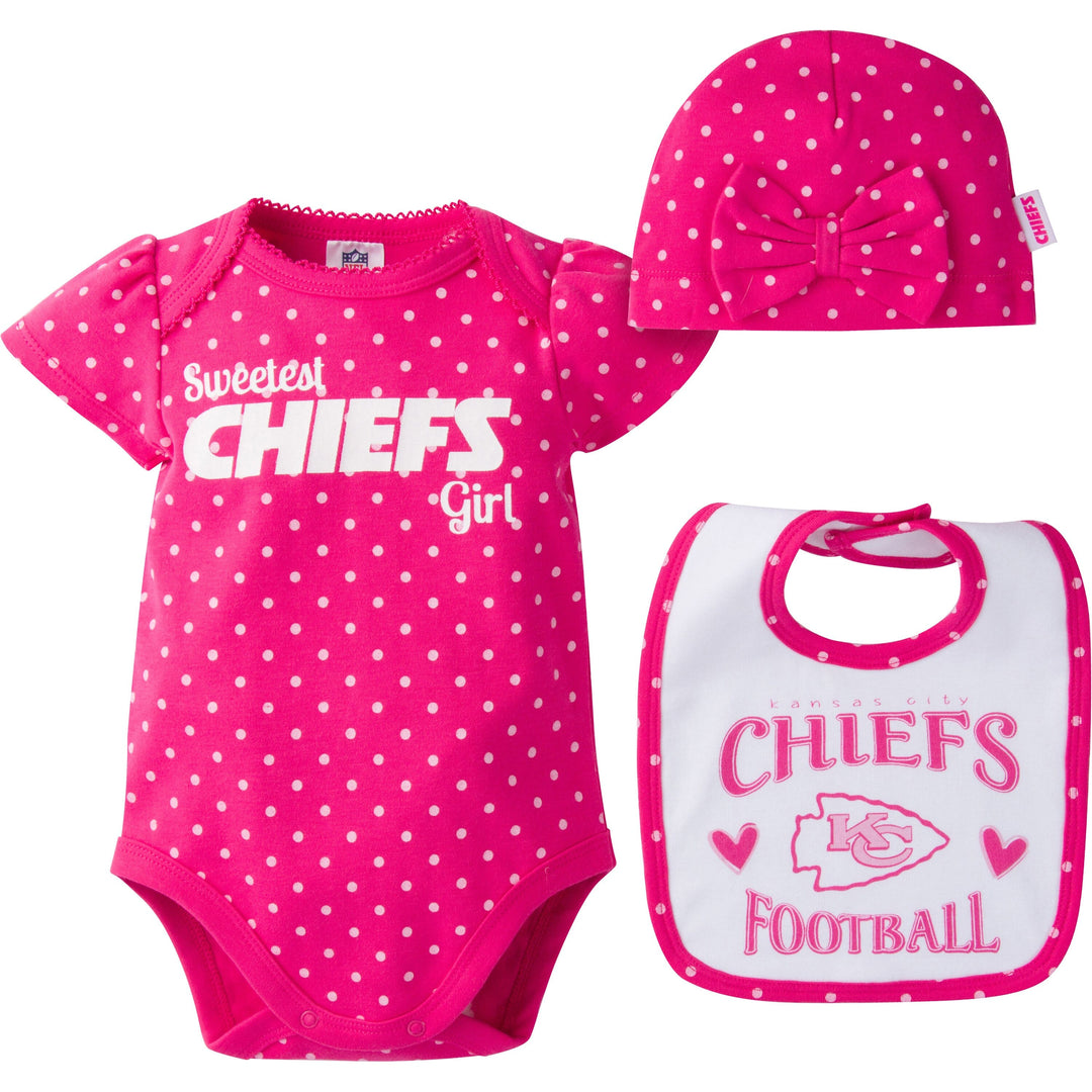 Kansas City Chiefs Girls 3 Piece Bodysuit, Bib and Cap Set-Gerber Childrenswear
