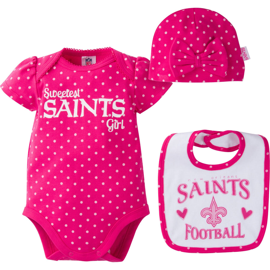 New Orleans Saints Baby Girls 3 Piece Bodysuit, Bib and Cap Set-Gerber Childrenswear