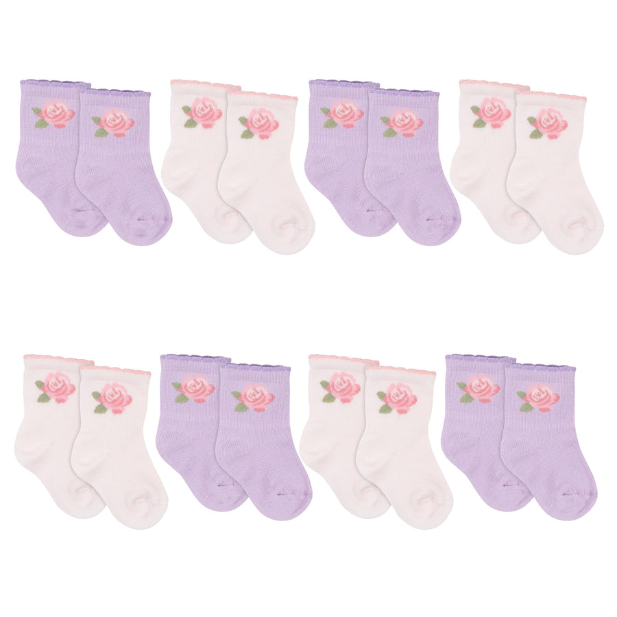 8-Pack Baby Girls Pink & Lilac Roses Wiggle-Proof™ Socks