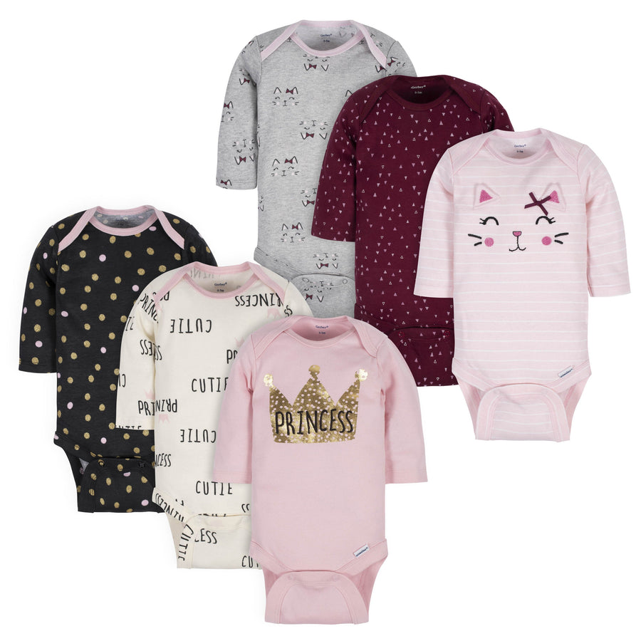 6-Pack Baby Girls Princess & Cat Long Sleeve Onesies® Bodysuits-Gerber Childrenswear