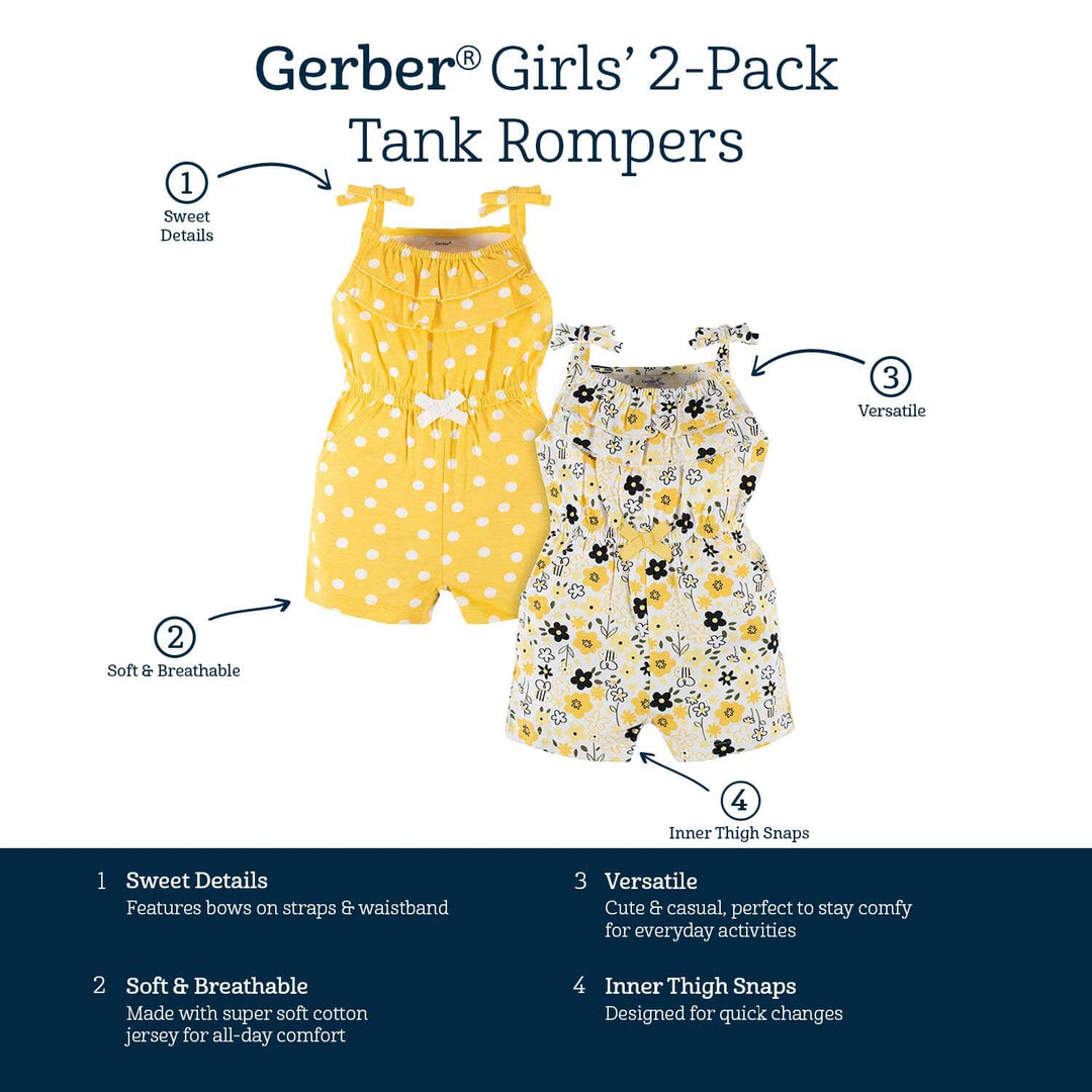 2-Pack Baby & Toddler Girls Bee Garden Tank Rompers