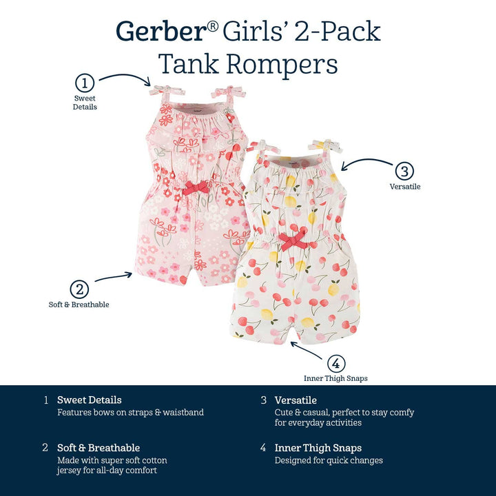 2-Pack Baby & Toddler Girls Cherry Kisses Tank Rompers