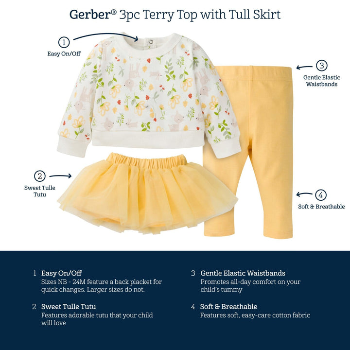 3-Piece Baby & Toddler Girls Purrfectly Cute French Terry Top, Tulle Tutu, & Legging Set-Gerber Childrenswear