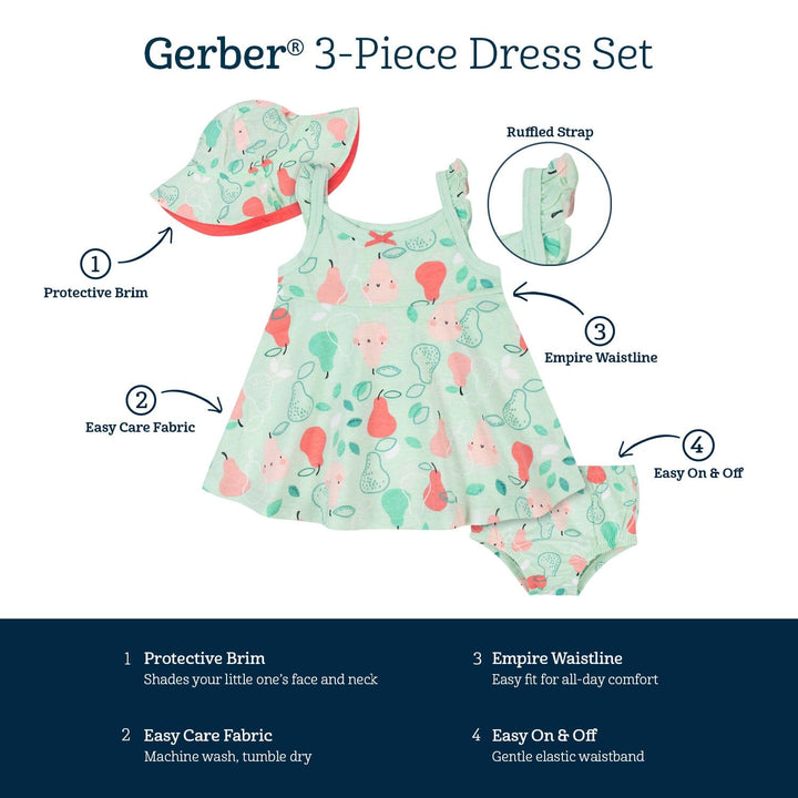 3-Piece Baby & Toddler Girls Pear Dress, Diaper Cover & Sun Hat Set