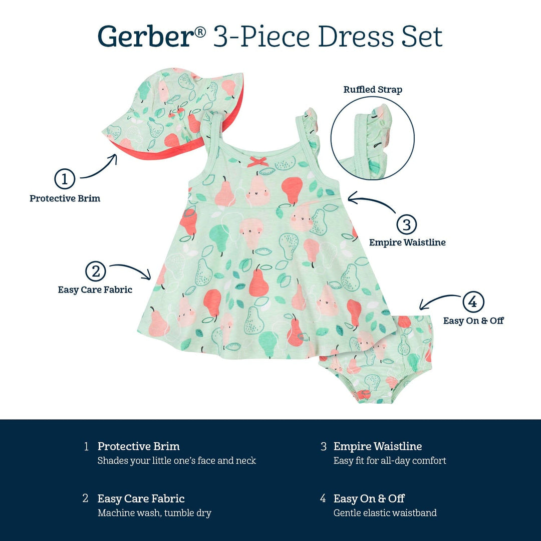 3-Piece Baby & Toddler Girls Pear Dress, Diaper Cover & Sun Hat Set