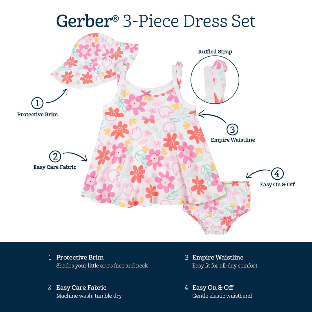3-Piece Baby & Toddler Girls Garden Dress, Diaper Cover & Sun Hat Set