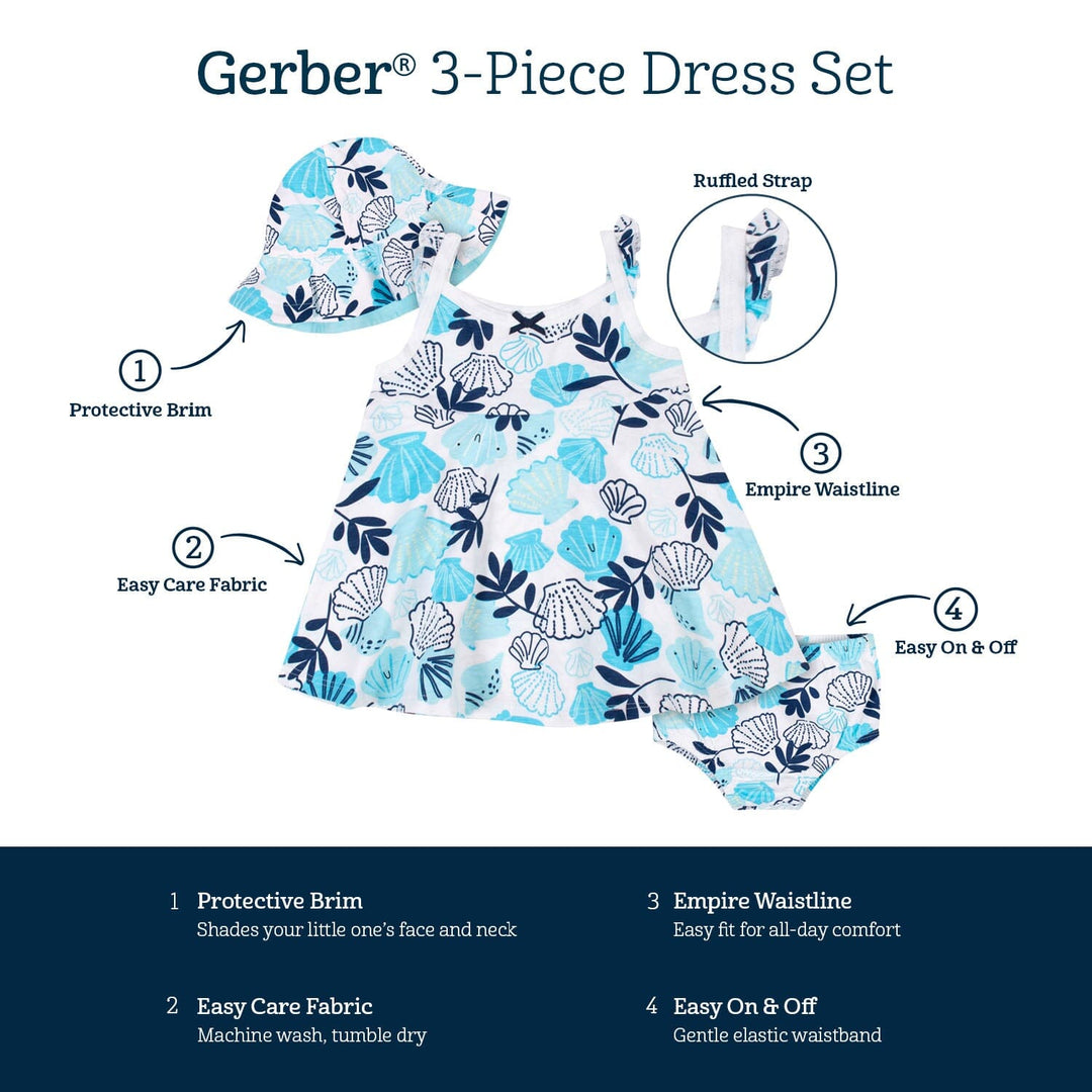 3-Piece Baby & Toddler Girls Sea Shells Dress, Diaper Cover & Sun Hat Set