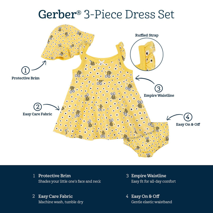 3-Piece Baby & Toddler Girls Bee Garden Dress, Diaper Cover & Sun Hat Set