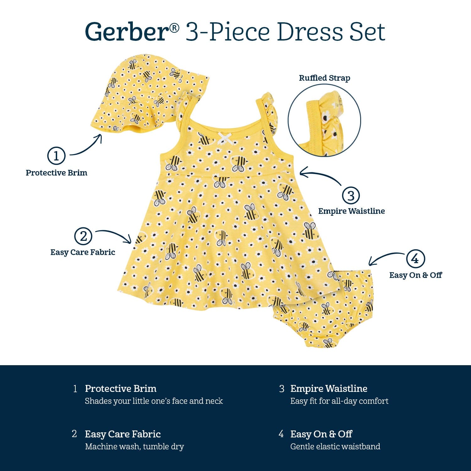 3-Piece Baby & Toddler Girls Bee Garden Dress, Diaper Cover & Sun Hat Set