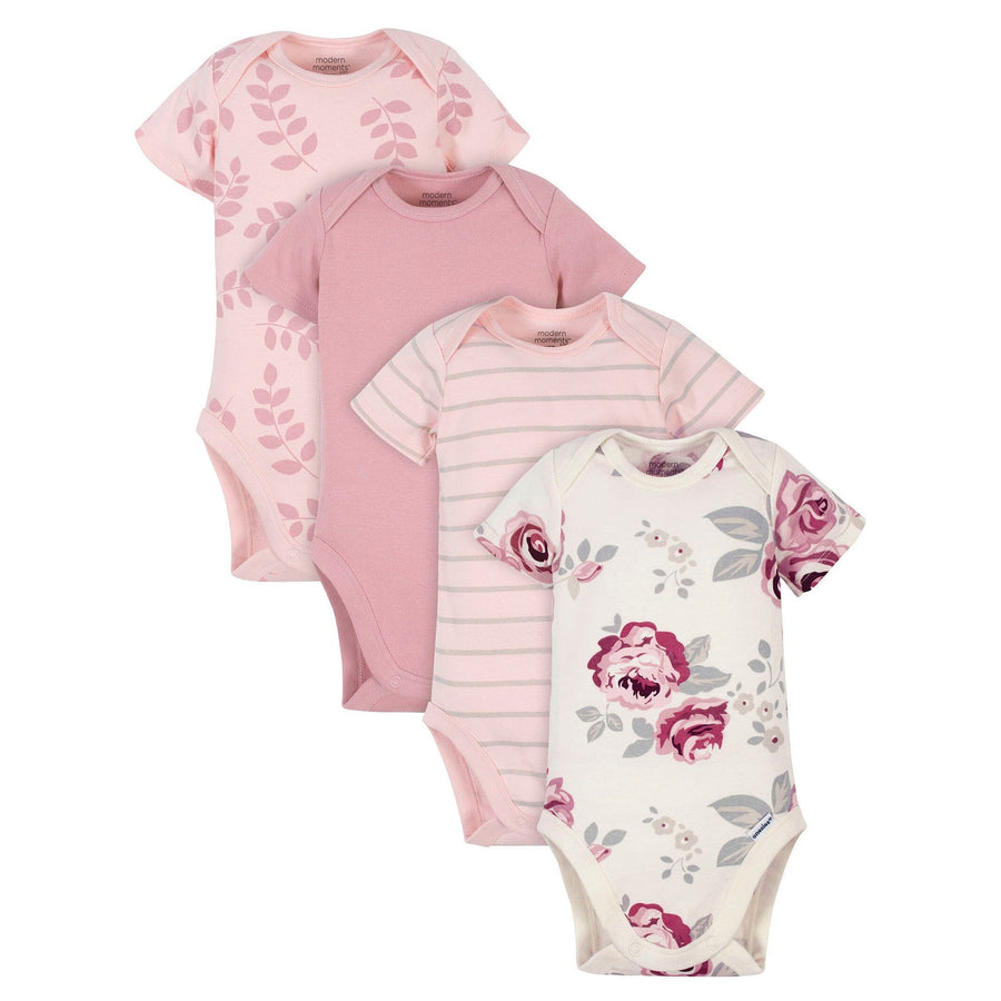 4-Pack Baby Girls Leaves/Lines Bodysuit Bundle