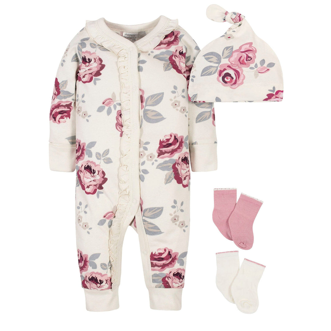 4-Piece Baby Girls Flowers Coverall Set