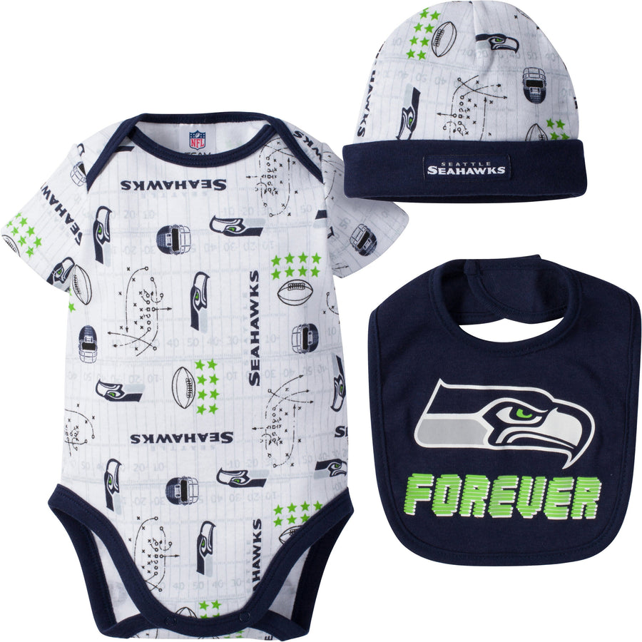 Seattle Seahawks Baby Boy 2PC Short Sleeve Bodysuit, Bib and Cap Set-Gerber Childrenswear