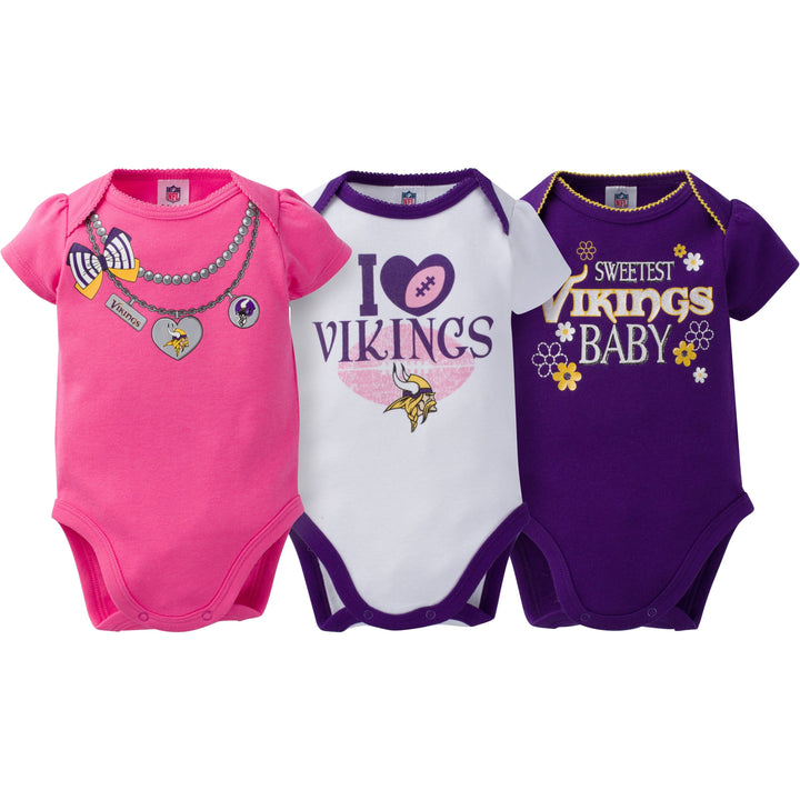 Minnesota Vikings 3-Pack Infant Girl Short Sleeve Bodysuits-Gerber Childrenswear