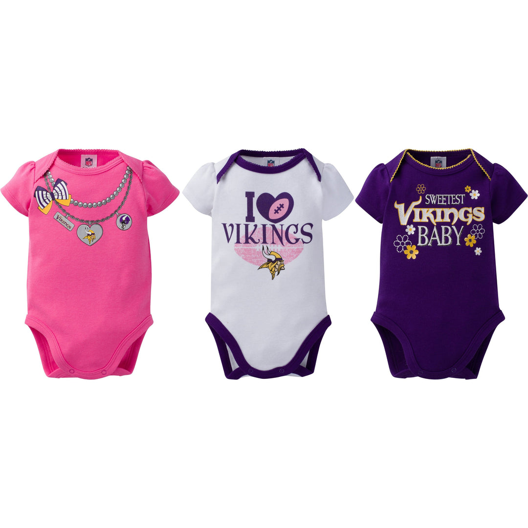 Minnesota Vikings 3-Pack Infant Girl Short Sleeve Bodysuits-Gerber Childrenswear