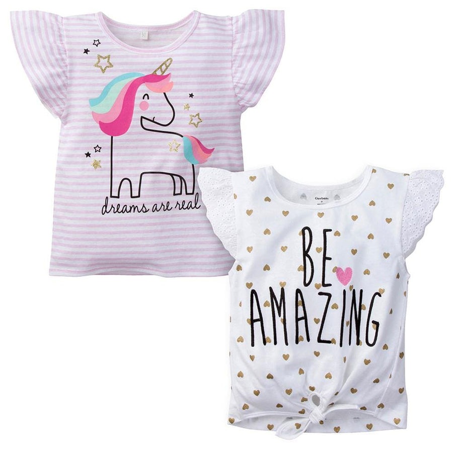 Gerber® 2-Pack Infant & Toddler Girls Unicorn & Be Amazing Fashion Tops-Gerber Childrenswear