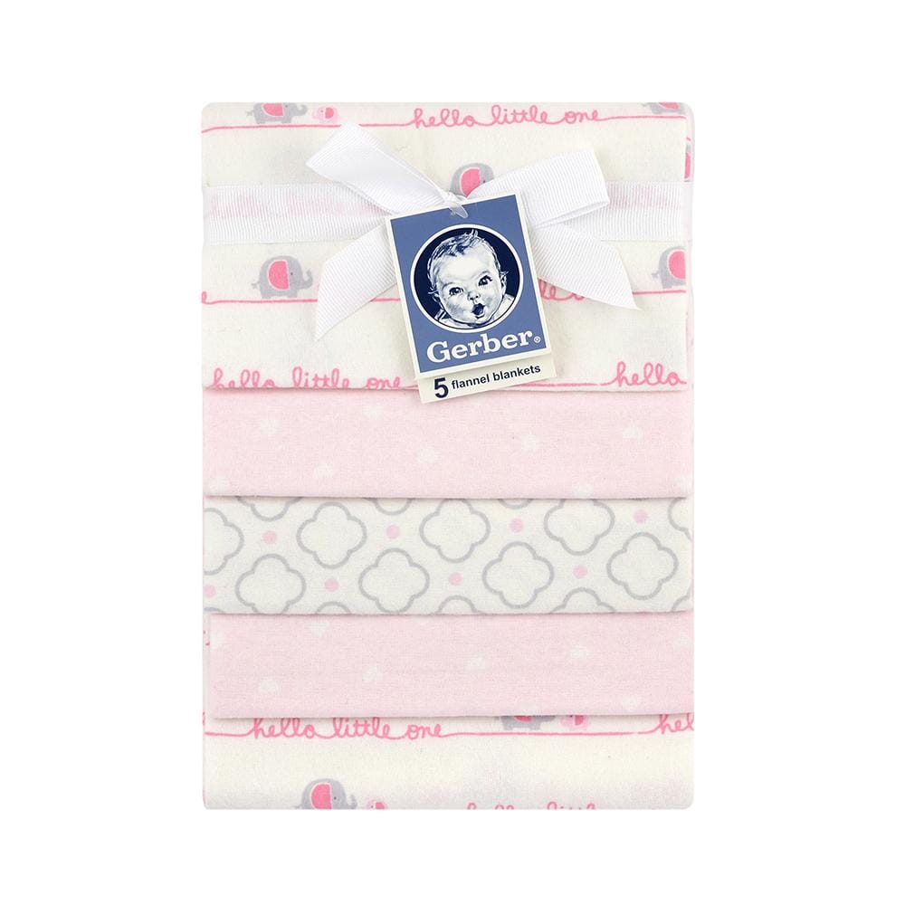 5-Pack Girls Pink Elephant Flannel Receiving Blankets-Gerber Childrenswear