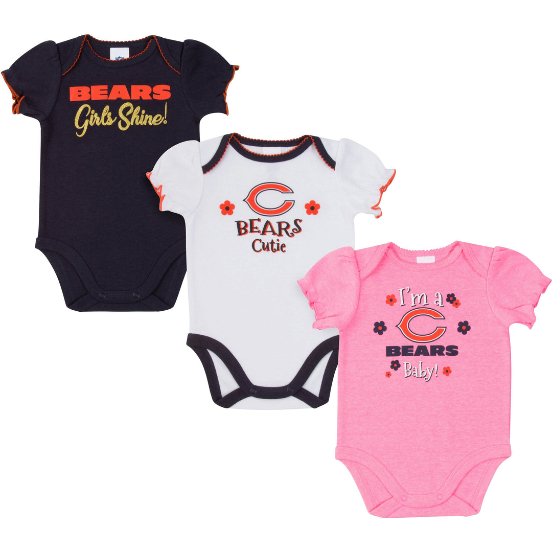 Chicago Bears Baby Girl Short Sleeve Bodysuit, 3-pack -Gerber Childrenswear